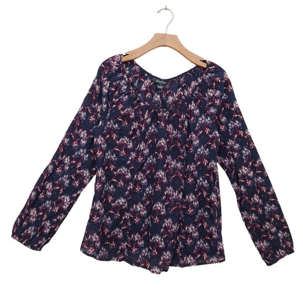 Lucky Brand Blouse Womens Medium Navy Bohemian Long Sleeve Scoop Neck Bohemian
